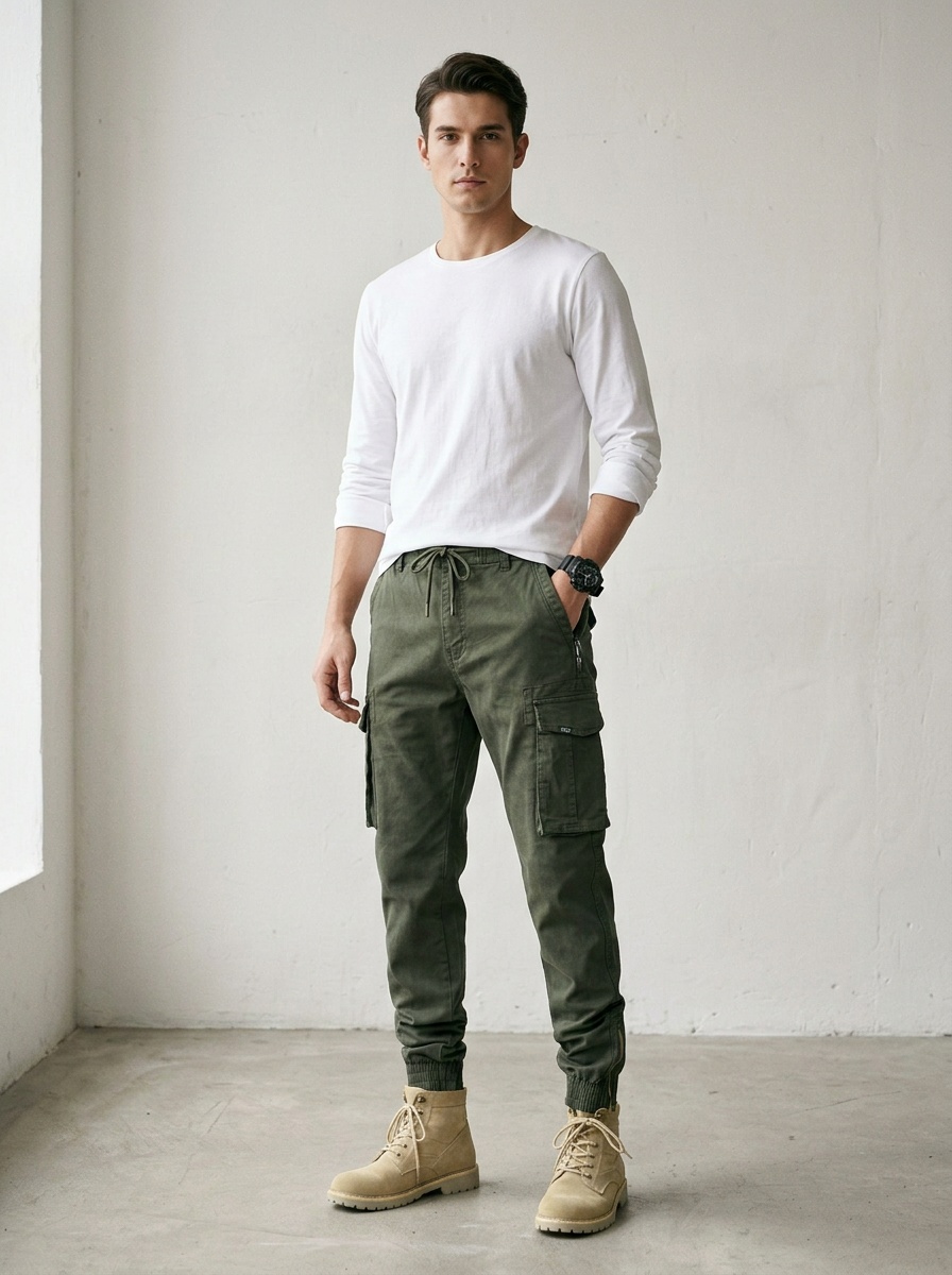 Stretch Fit Vintage-Inspired Cuffed Men's Cargo Pants for Casual Outdoor Wear