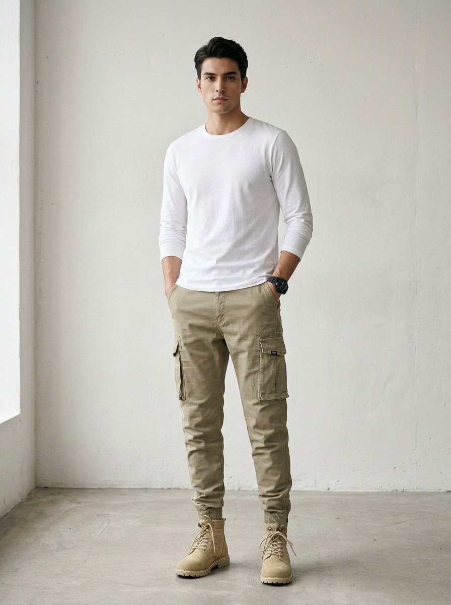 Stretch Fit Vintage-Inspired Cuffed Men's Cargo Pants for Casual Outdoor Wear
