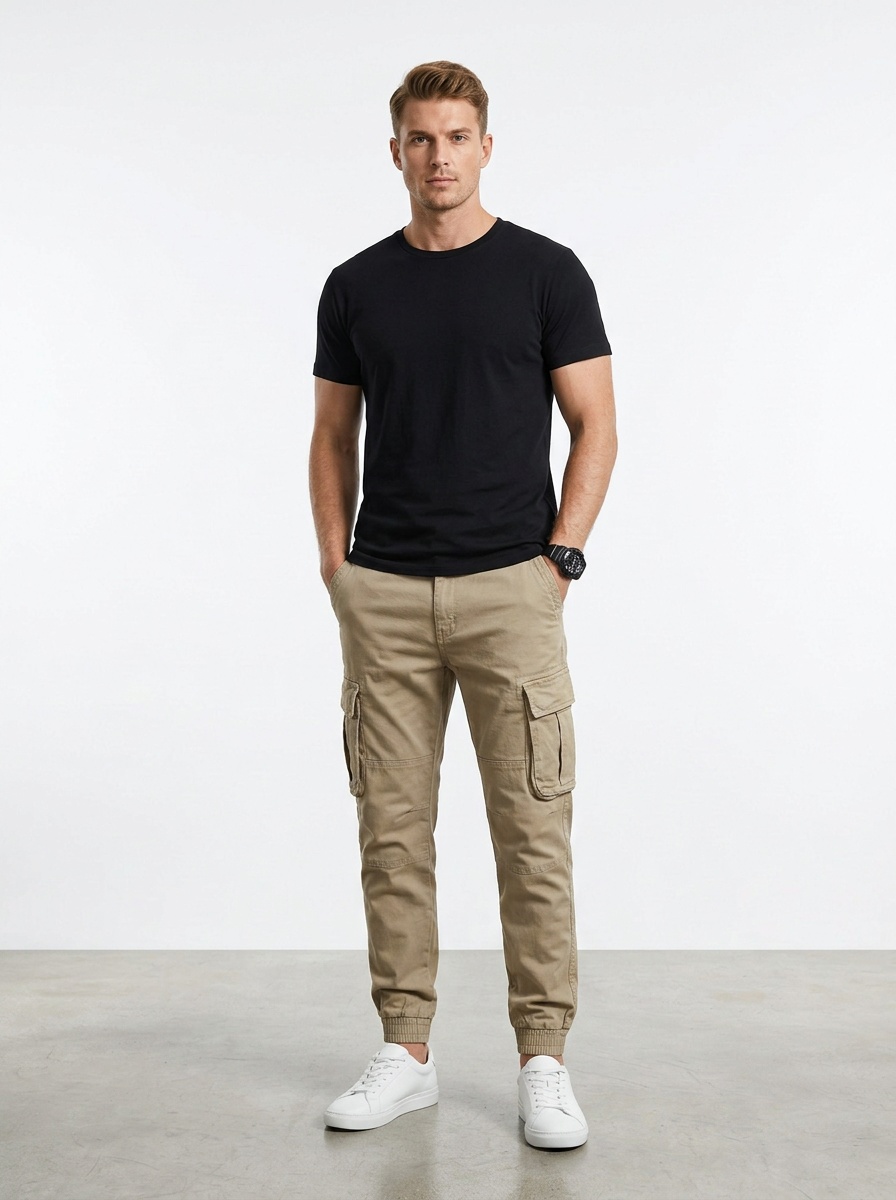 Pantalon cargo fuselé extensible et épais pour homme, idéal pour les tenues de sport décontractées.