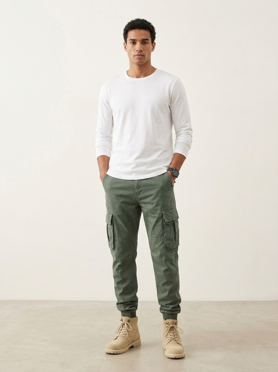 Pantalon cargo fuselé extensible et épais pour homme, idéal pour les tenues de sport décontractées.