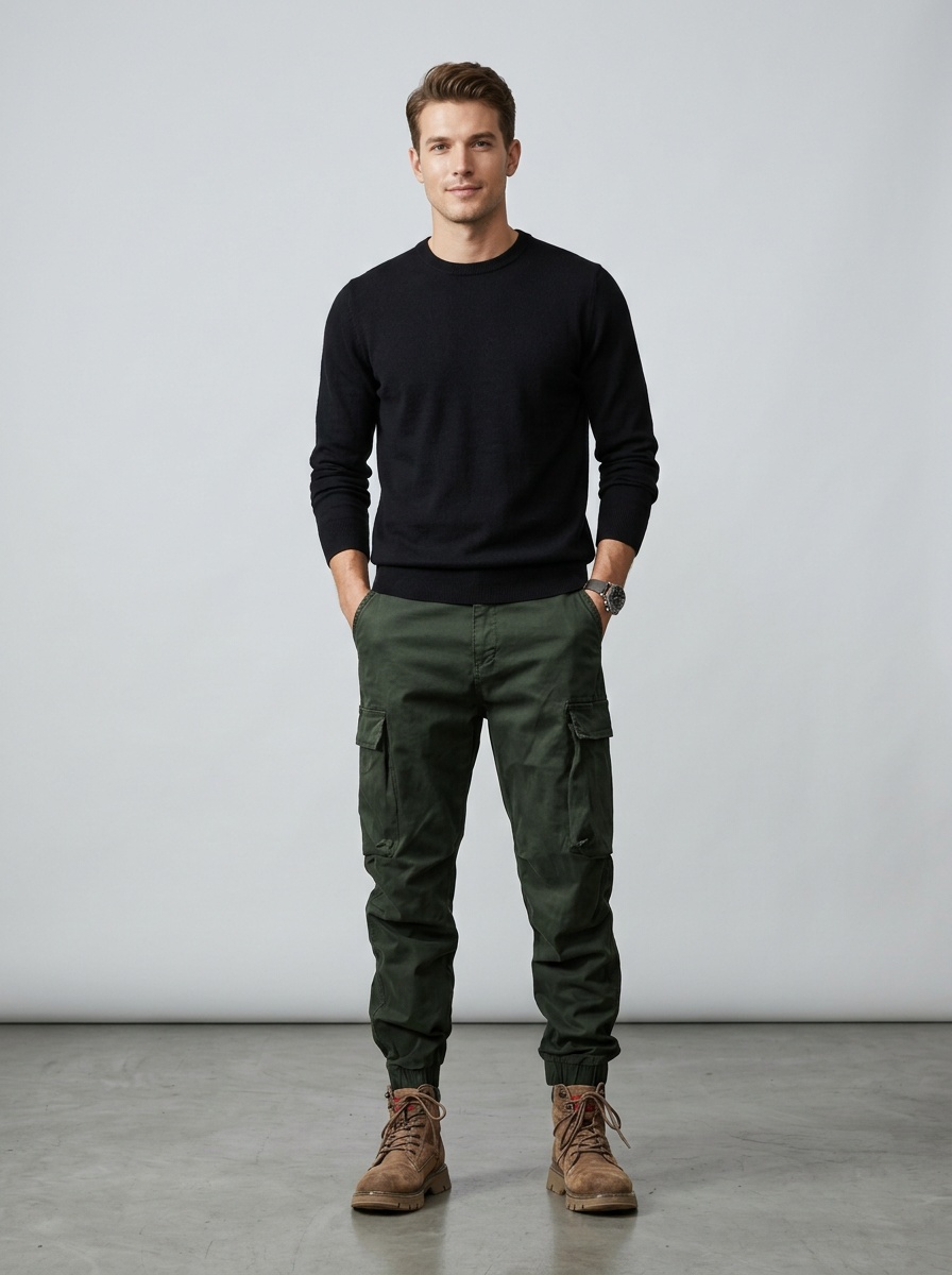 Pantalon cargo fuselé multipoches à coupe ample pour homme, idéal pour les activités décontractées en montagne.