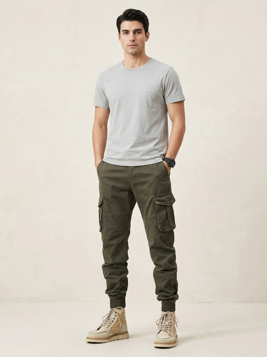 Stretch Fit Cuffed Multi-Pocket Men's Cargo Pants for Outdoor Casual Wear