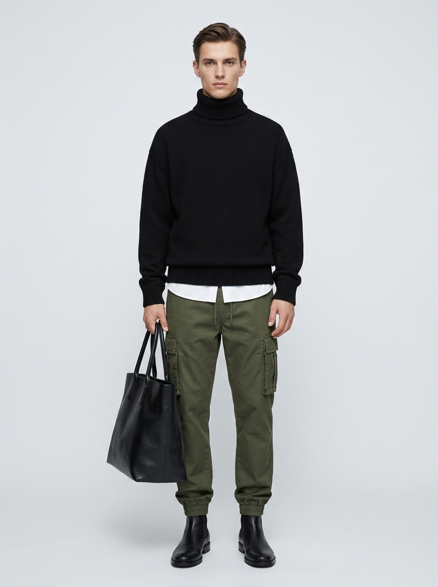 Relaxte, elastische, vintage cargobroek met omslag voor heren, perfect voor een casual sportieve look.