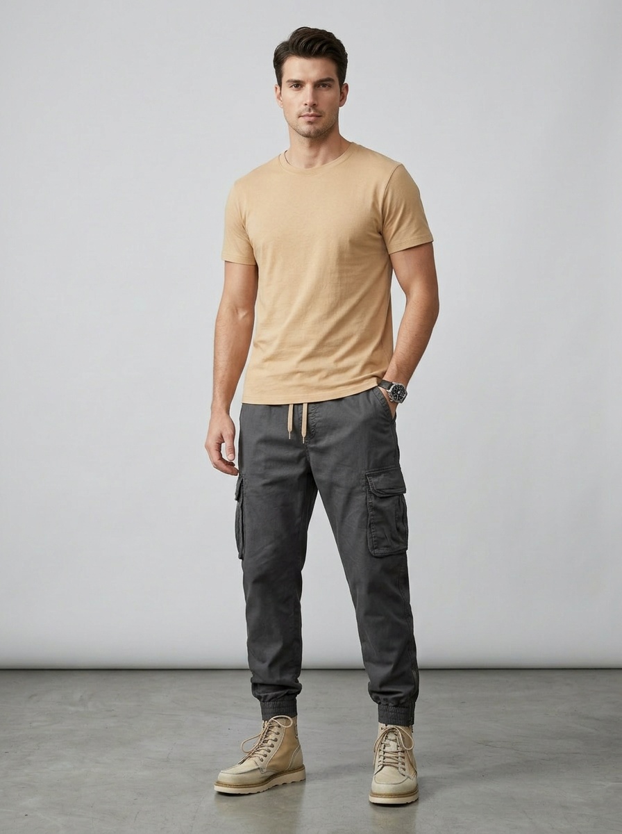 Relaxte, elastische, vintage cargobroek met omslag voor heren, perfect voor een casual sportieve look.