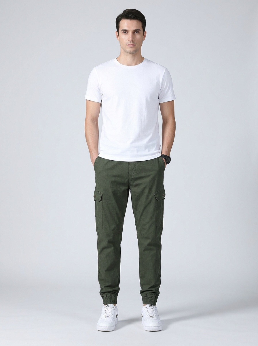 Minimalistische stretch vintage cargo broek met omslag voor heren, geschikt voor casual gebruik.