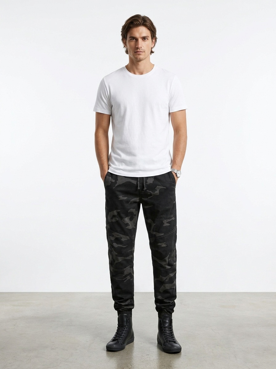 Pantalon cargo camouflage extensible fuselé pour homme, idéal pour les activités sportives de plein air