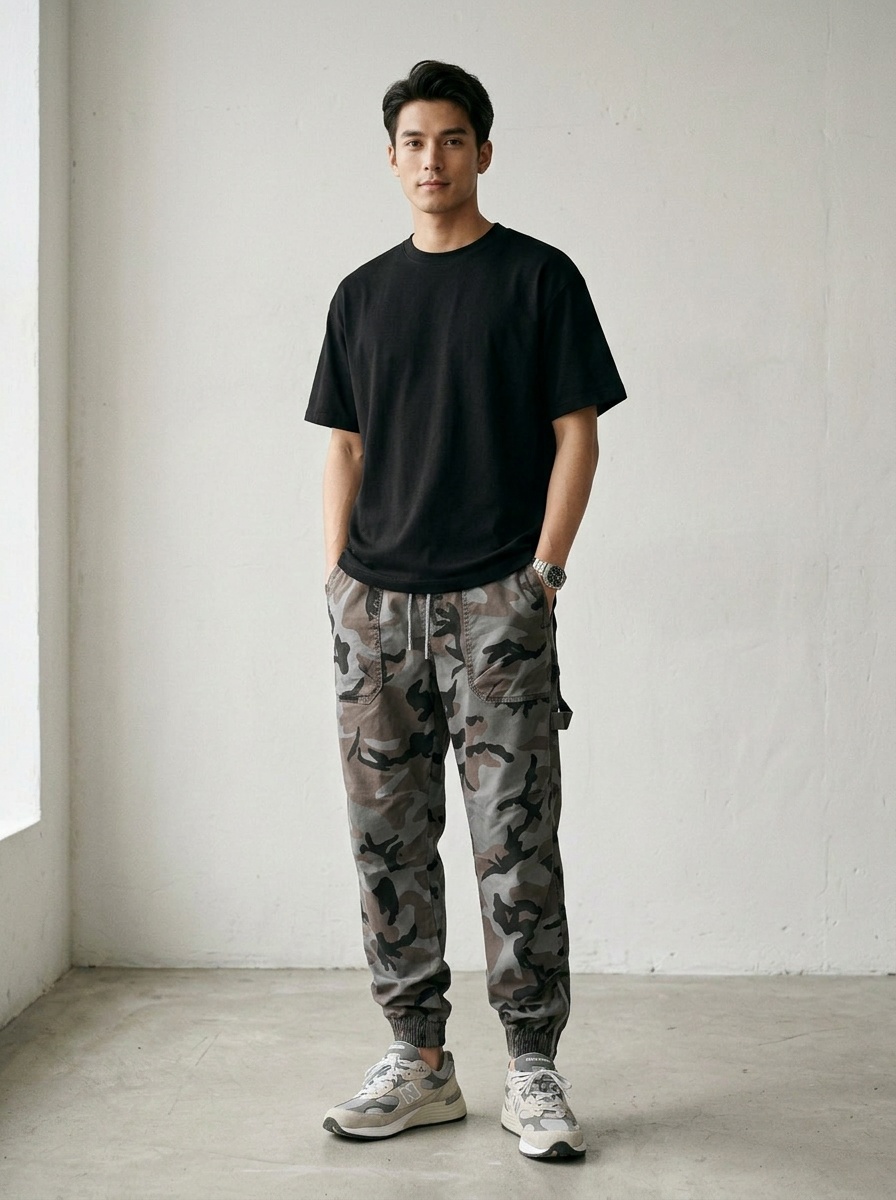Camouflage-Cargohose für Herren im Streetstyle mit lässiger Passform und schmal zulaufenden Bündchen