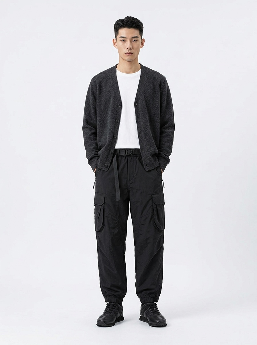 Herren-Cargohose mit mehreren Taschen und Reißverschlussdetails, Stretch-Passform, Bündchen und Umschlag für die Freizeit