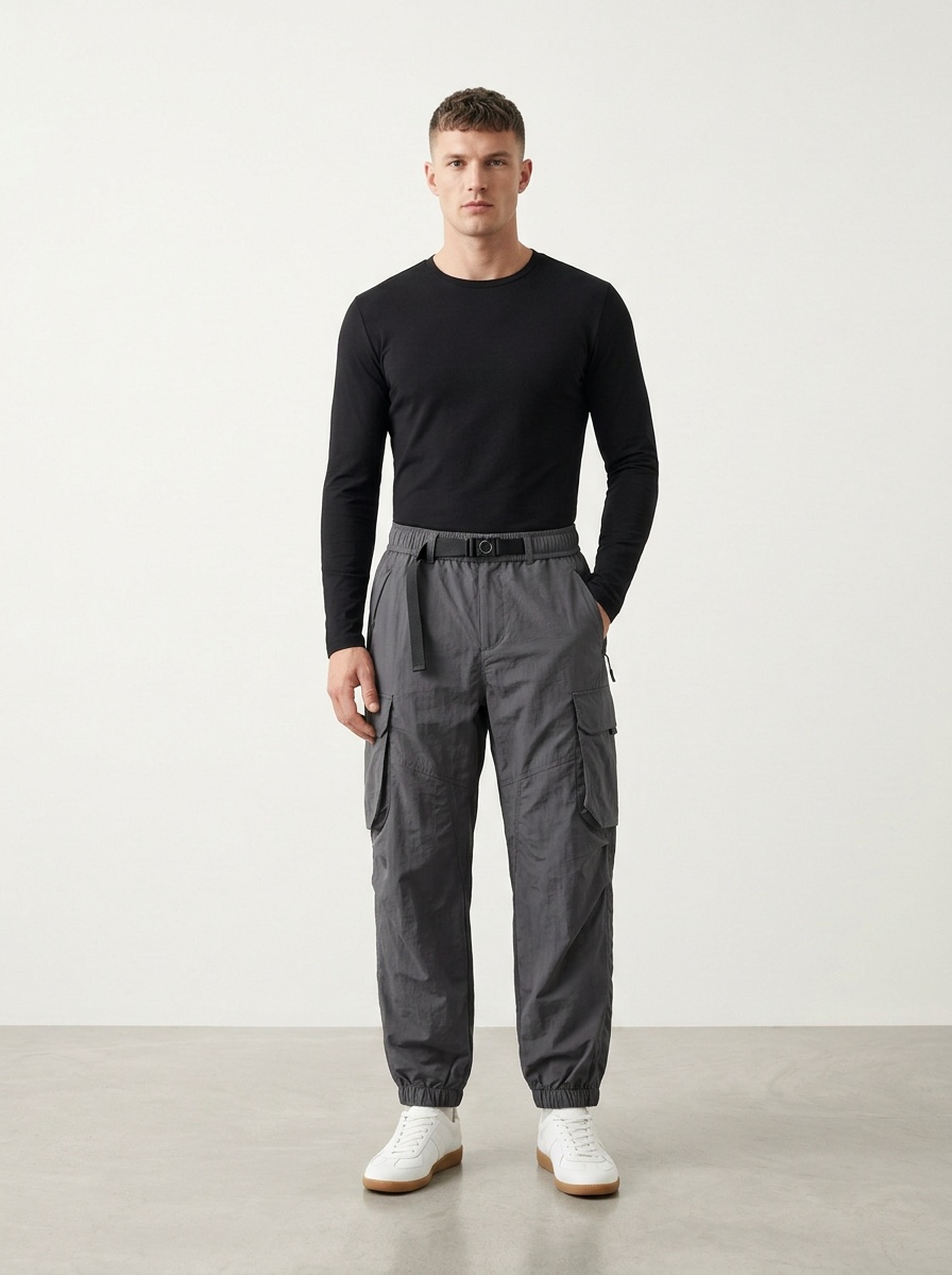 Herren-Cargohose mit mehreren Taschen und Reißverschlussdetails, Stretch-Passform, Bündchen und Umschlag für die Freizeit