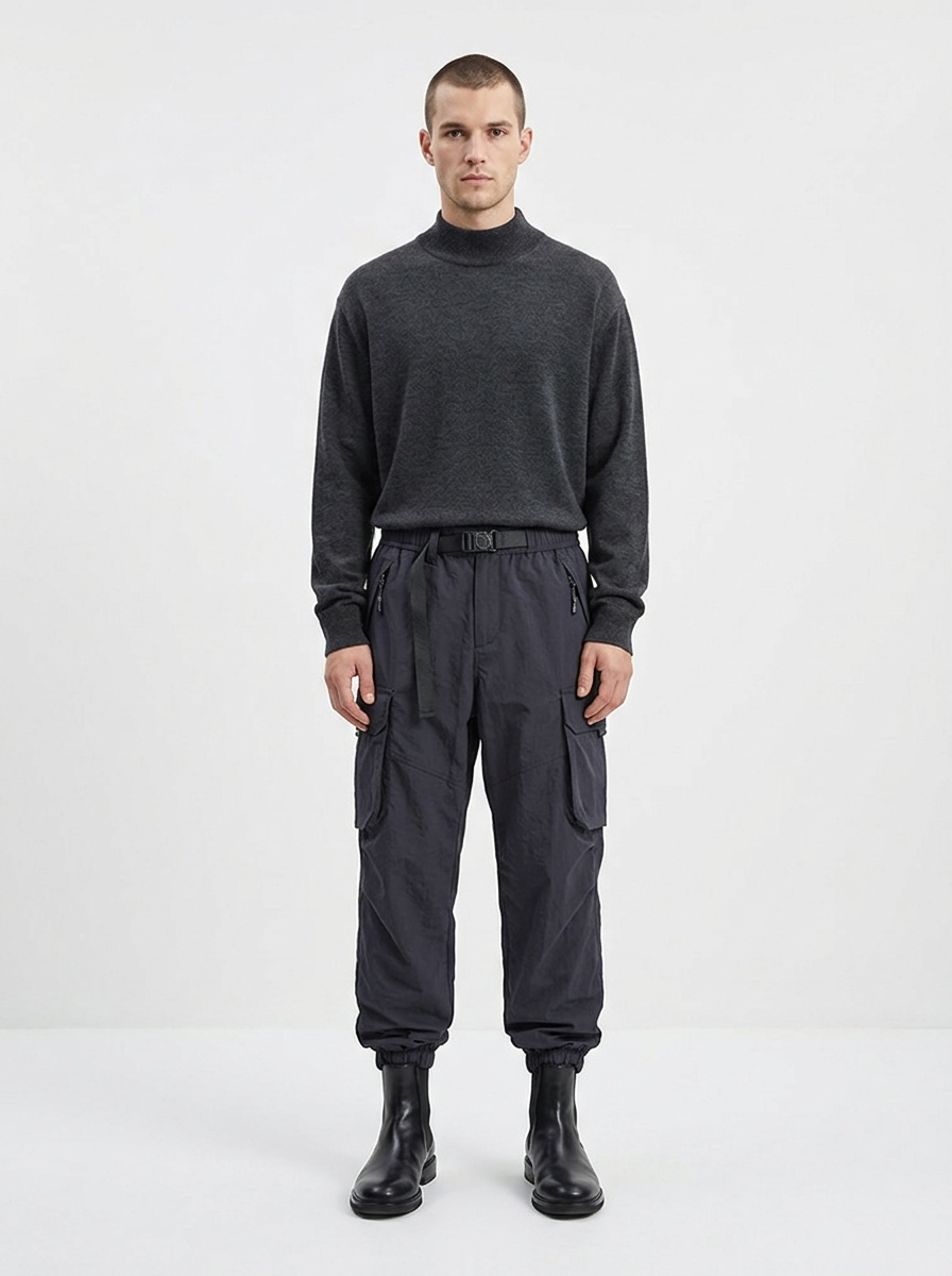 Herren-Cargohose mit mehreren Taschen und Reißverschlussdetails, Stretch-Passform, Bündchen und Umschlag für die Freizeit