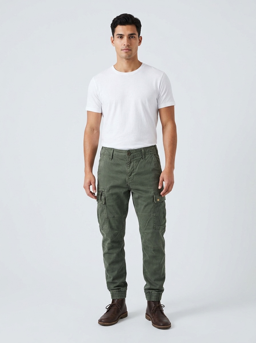 Pantalones cargo retro de corte cónico con múltiples bolsillos para hombre, ideales para un estilo informal funcional.