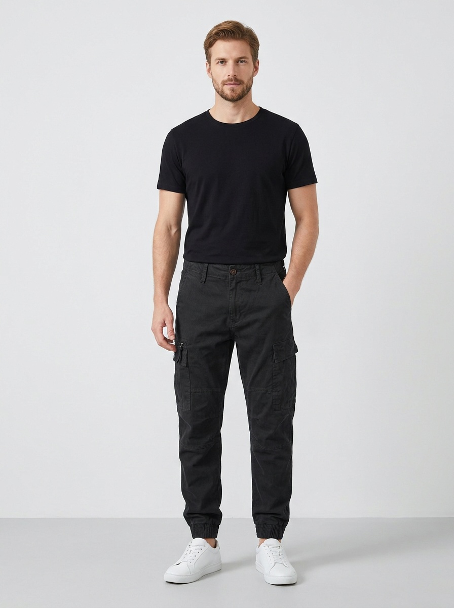 Pantalones cargo retro de corte cónico con múltiples bolsillos para hombre, ideales para un estilo informal funcional.