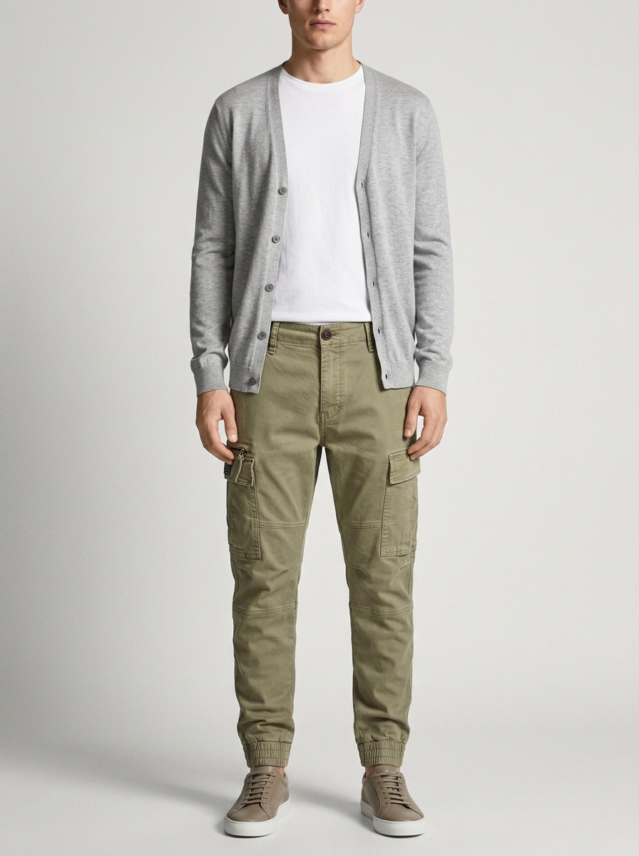 Pantalones cargo retro de corte cónico con múltiples bolsillos para hombre, ideales para un estilo informal funcional.
