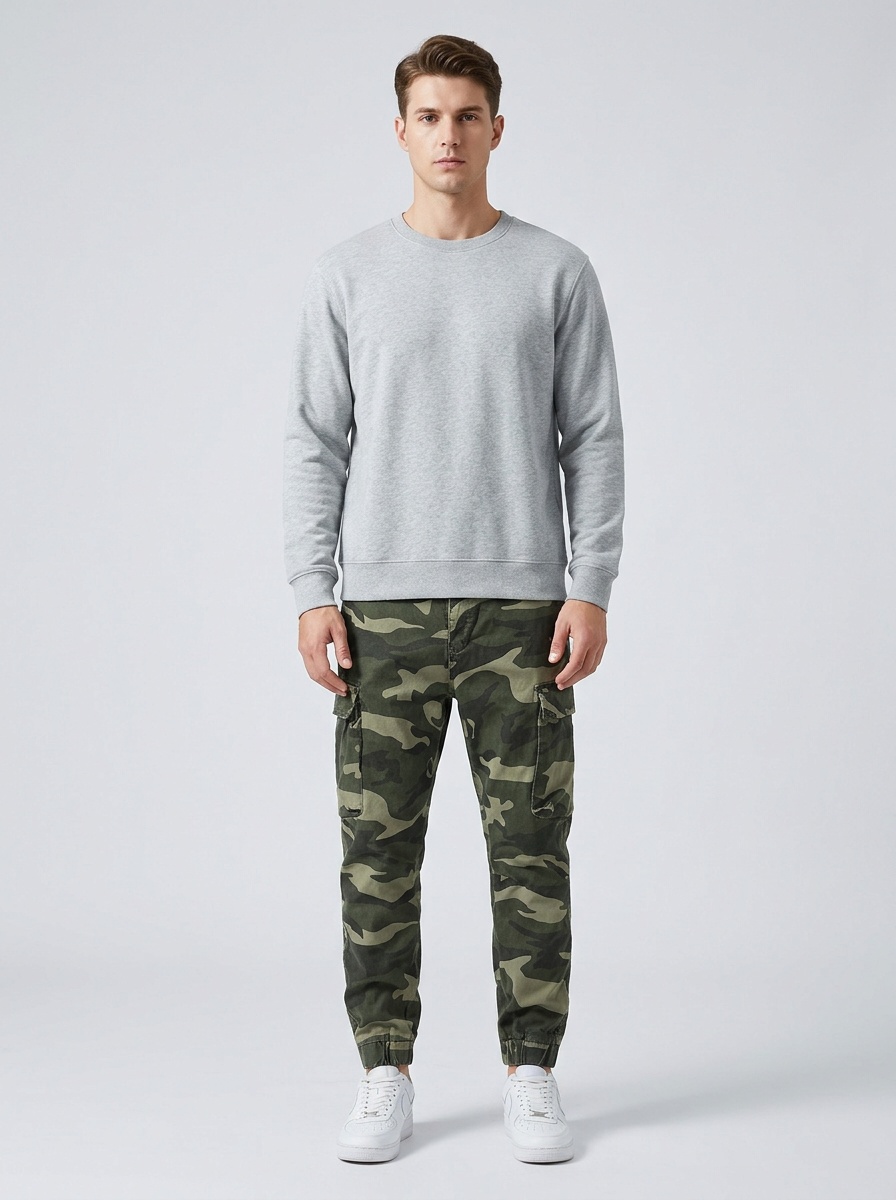 Schmal geschnittene Herren-Cargohose im Vintage-Stil mit Camouflage-Muster und mehreren Taschen für die Freizeit