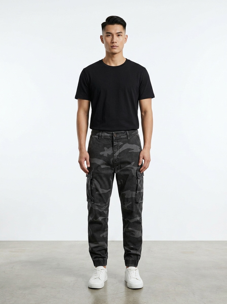 Schmal geschnittene Herren-Cargohose im Vintage-Stil mit Camouflage-Muster und mehreren Taschen für die Freizeit