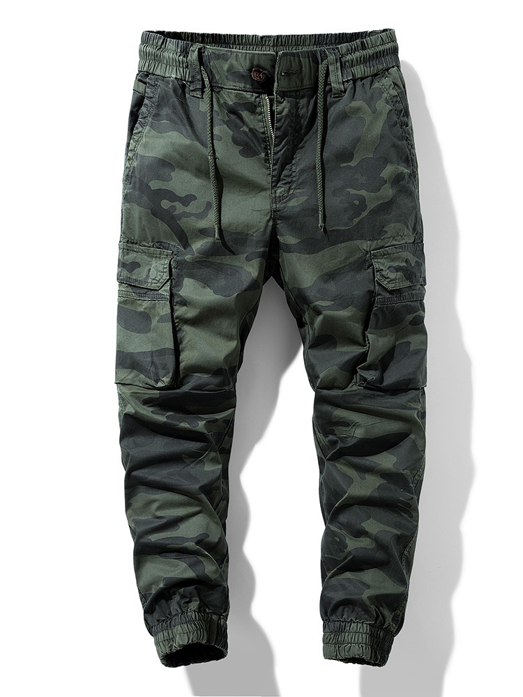 Pantalones cargo con puños y múltiples bolsillos de camuflaje para hombre, estilo informal
