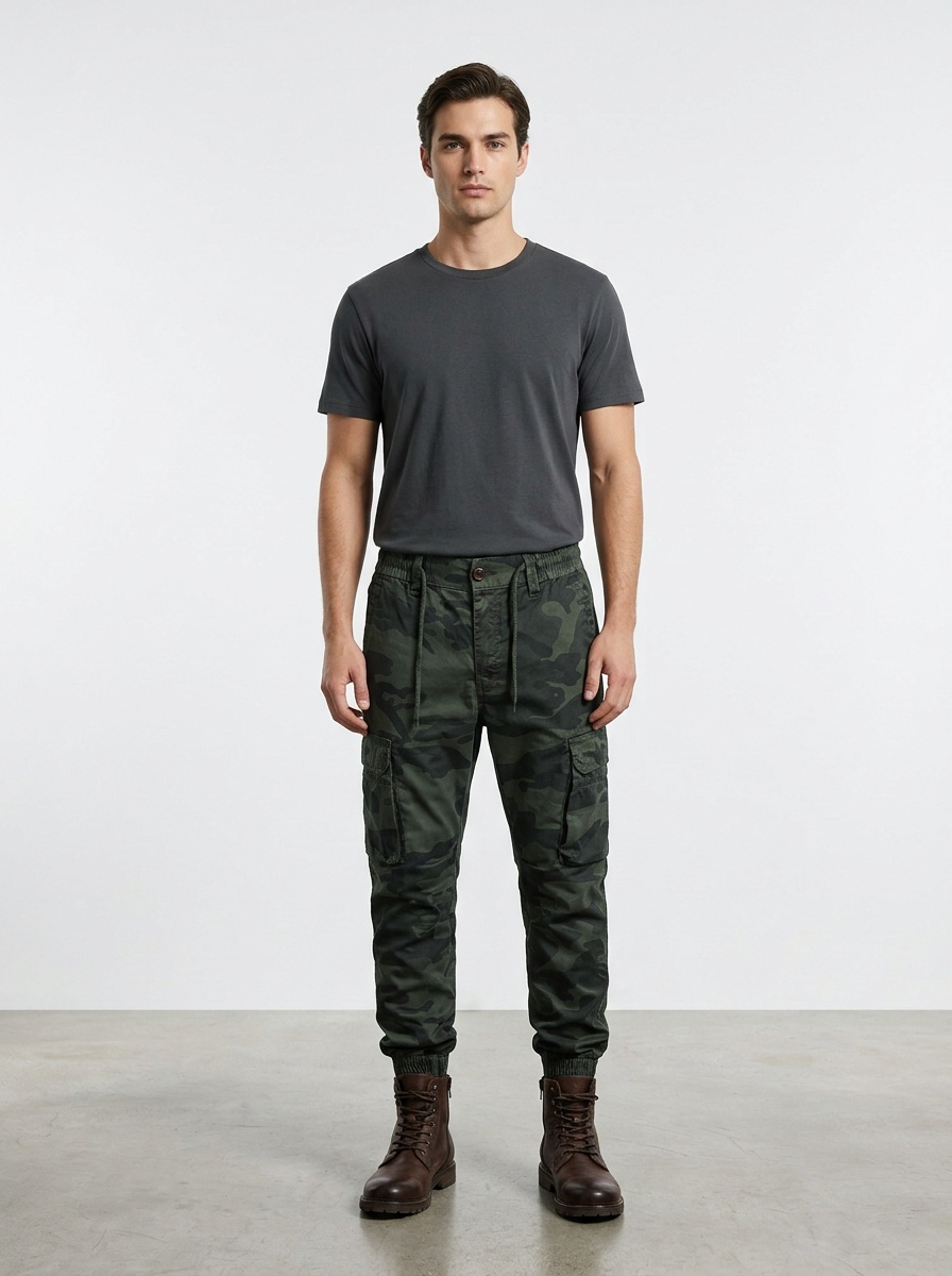 Pantalones cargo con puños y múltiples bolsillos de camuflaje para hombre, estilo informal