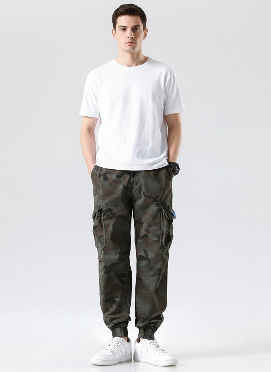 Relaxed Fit Camouflage Multi-Pocket Men's Cargo Trousers for Outdoor Casual Wear