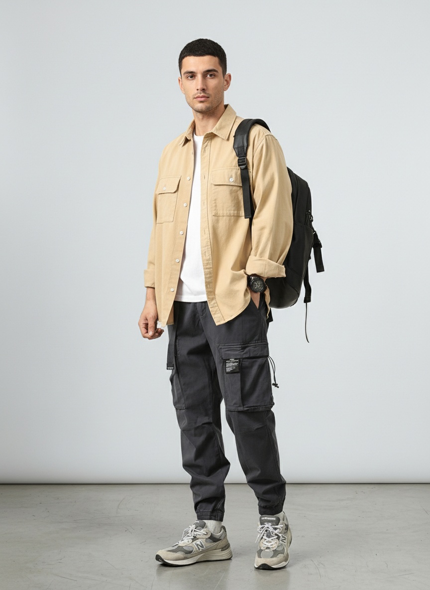 Vintage Multi-Pocket Loose Fit Men's Cargo Trousers with Elasticity for Outdoor Sport