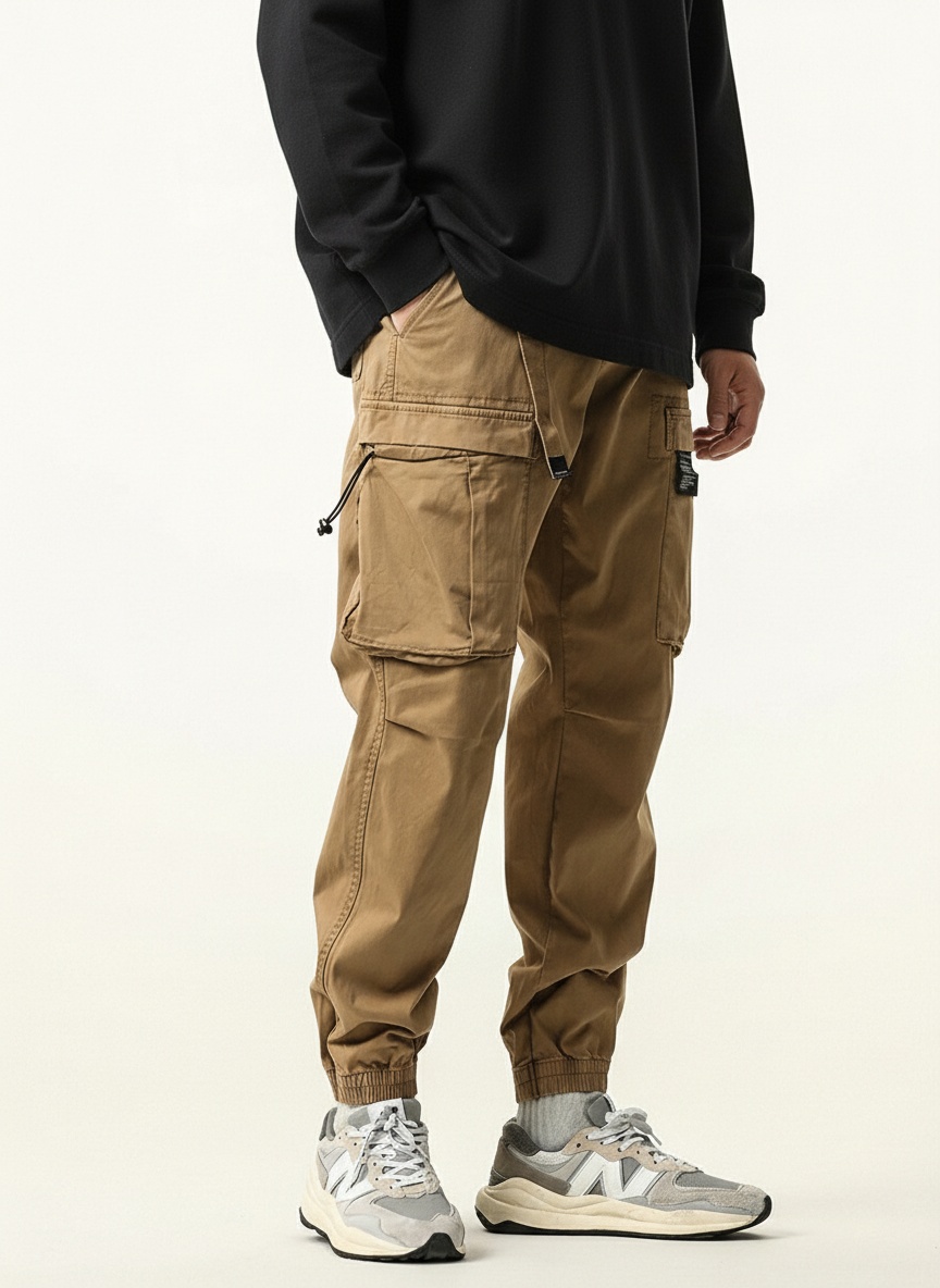 Vintage Multi-Pocket Loose Fit Men's Cargo Trousers with Elasticity for Outdoor Sport