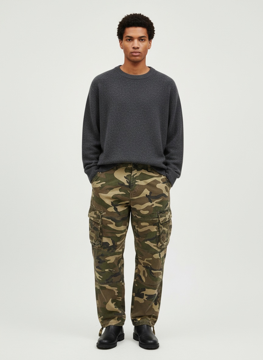 Relaxed Fit Wide-Leg Camouflage Men's Cargo Trousers
