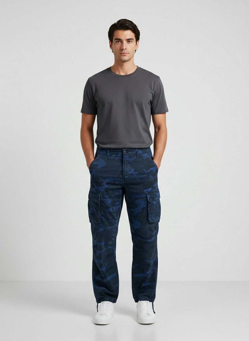 Relaxed Fit Wide-Leg Camouflage Men's Cargo Trousers