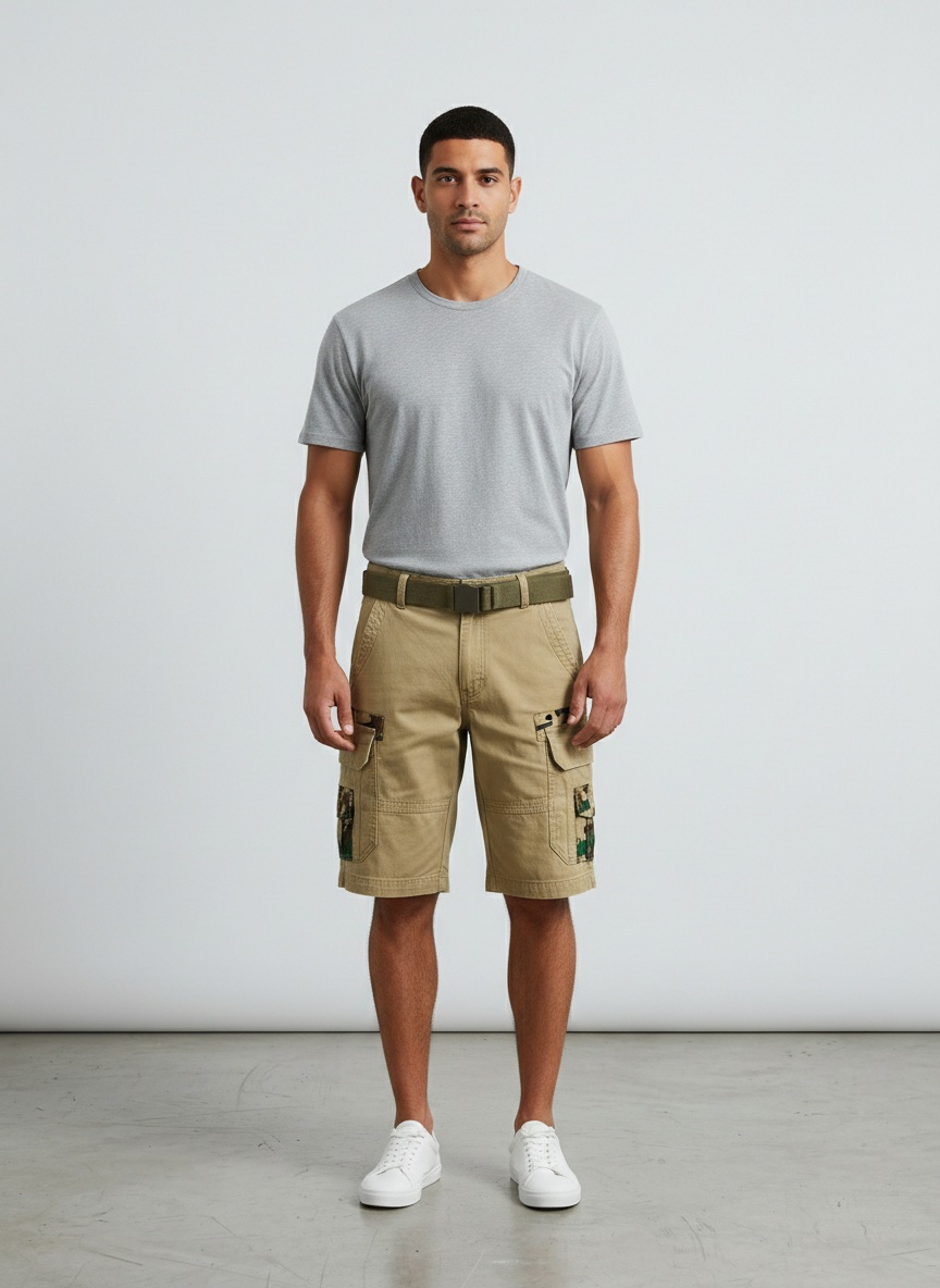 Straight Fit Multi-Pocket Men's Cargo Shorts for Summer Casual Wear (Belt Not Included)
