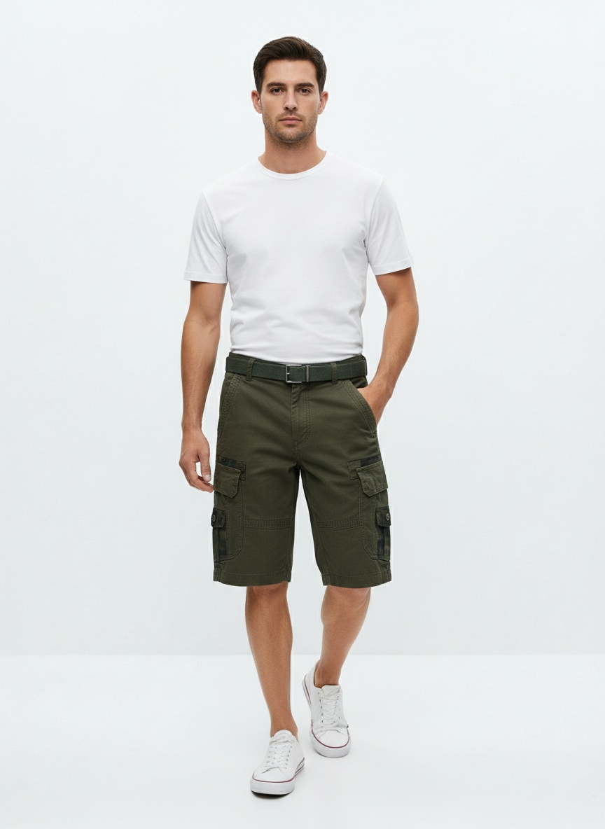 Straight Fit Multi-Pocket Men's Cargo Shorts for Summer Casual Wear (Belt Not Included)