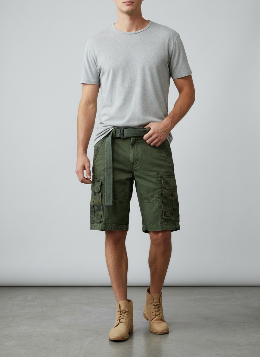 Loose Fit Camouflage Belted Men's Cargo Shorts for Casual Wear With Belt