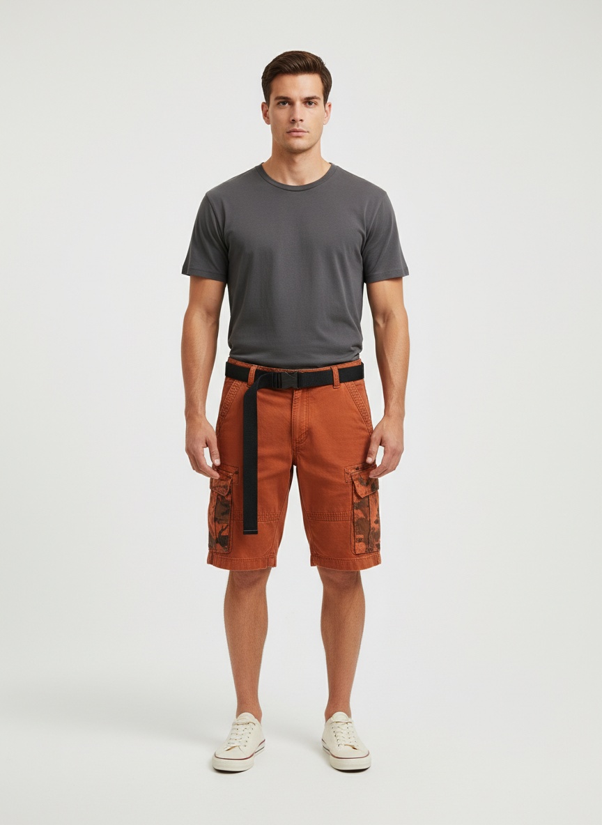 Loose Fit Camouflage Belted Men's Cargo Shorts for Casual Wear With Belt