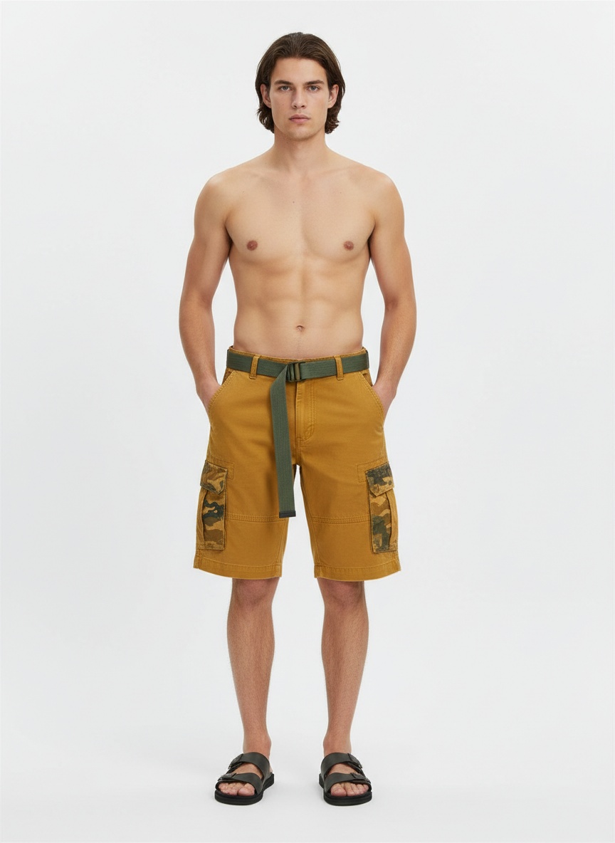Loose Fit Camouflage Belted Men's Cargo Shorts for Casual Wear With Belt