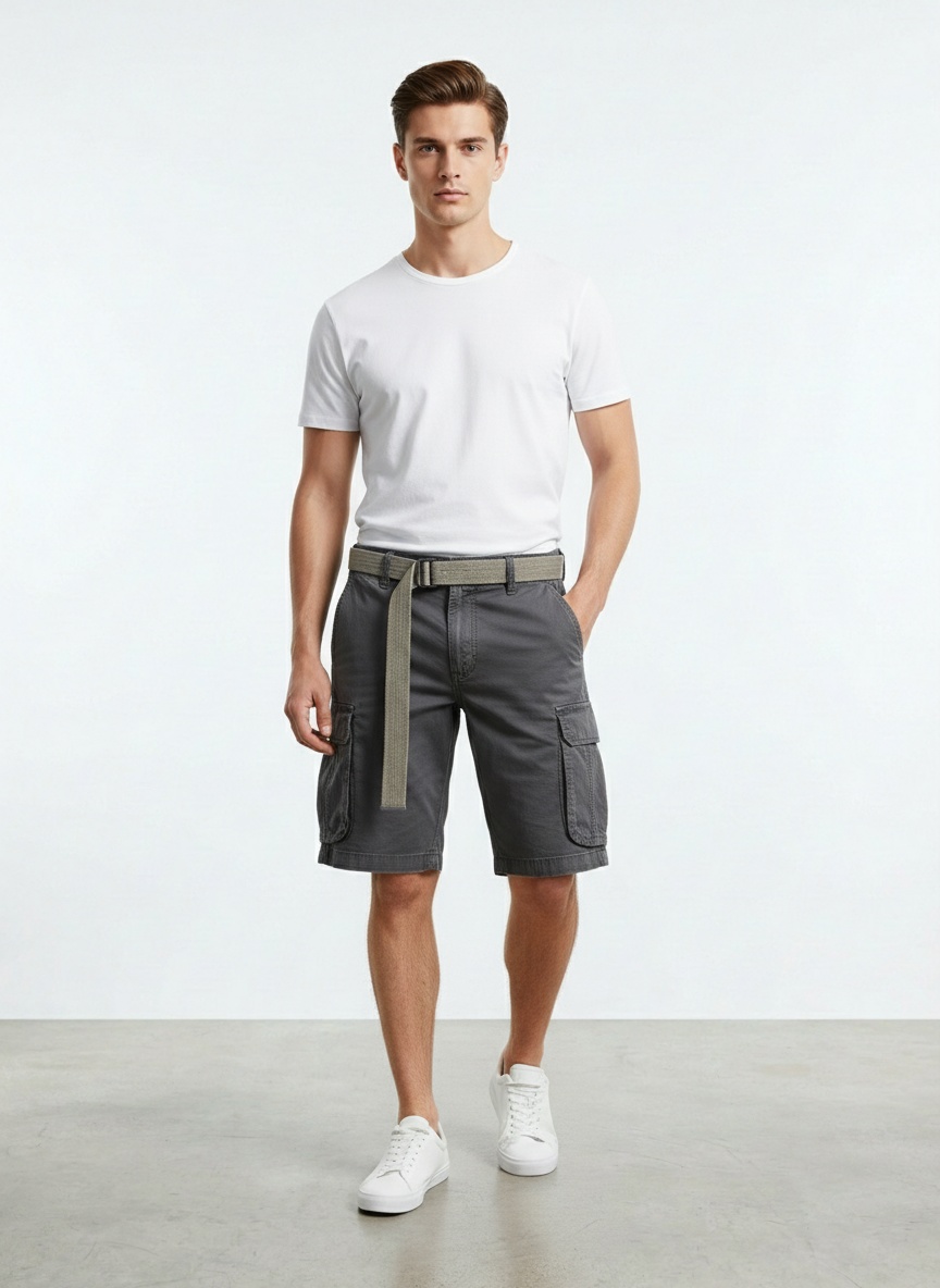 Relaxed Fit Multi-Pocket Vintage Men's Cargo Shorts for Summer Casual Wear  (Belt Not Included)