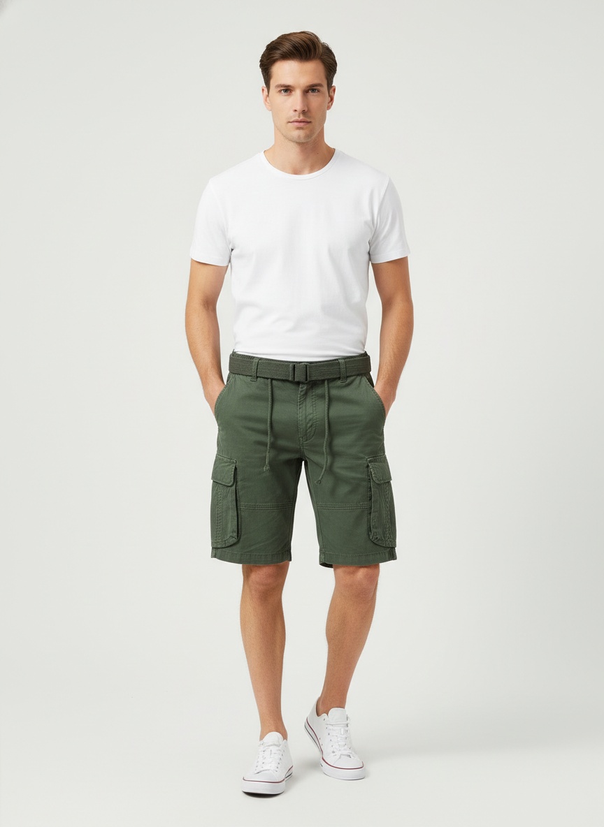 Relaxed Fit Multi-Pocket Vintage Men's Cargo Shorts for Summer Casual Wear  (Belt Not Included)