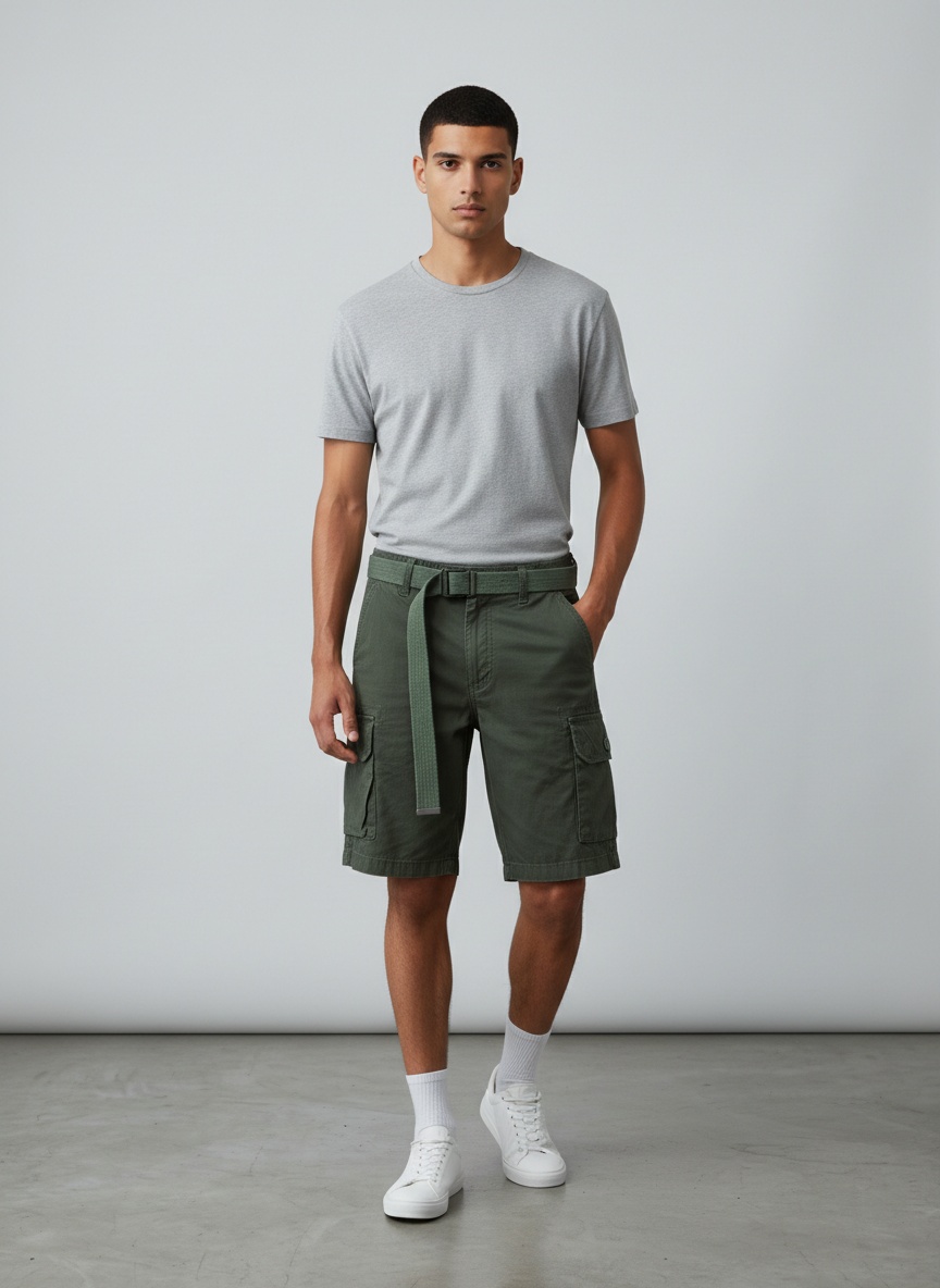 Vintage Functional Multi-Pocket Relaxed Fit Men's Cargo Shorts for Summer Casual Wear  (Belt Not Included)