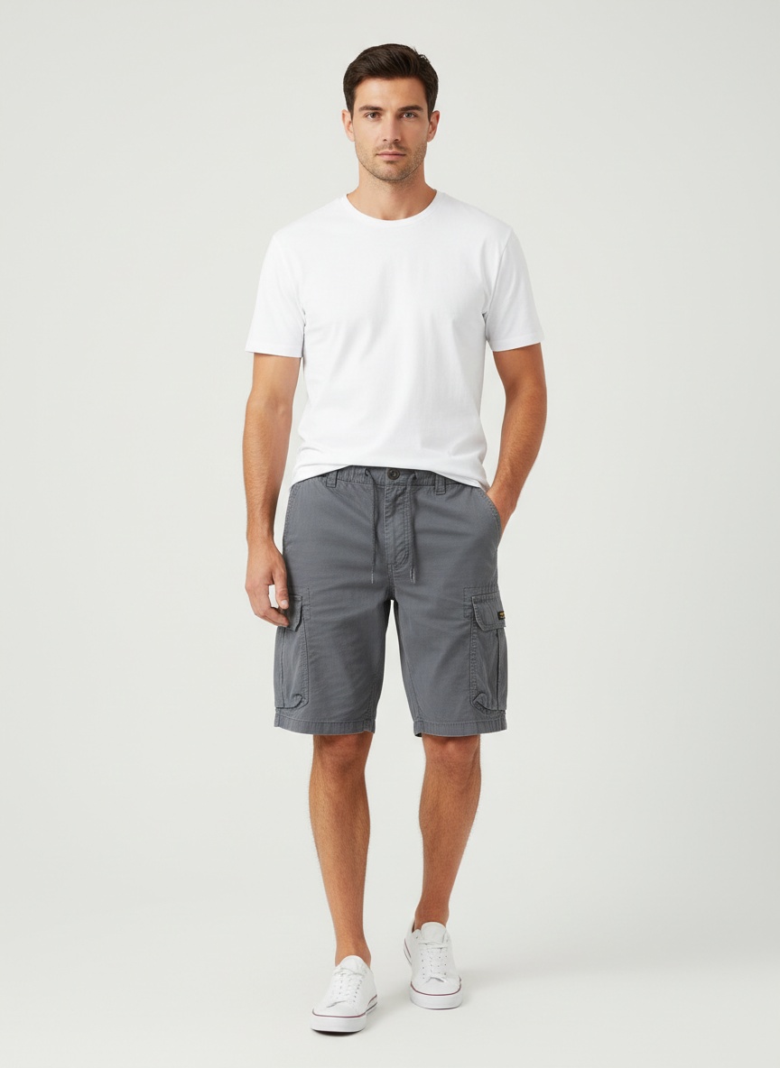 Pantalones cortos cargo elásticos vintage con múltiples bolsillos para hombre, ideales para uso informal de verano.