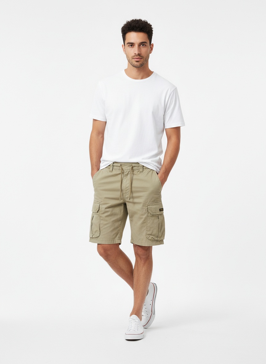 Pantalones cortos cargo elásticos vintage con múltiples bolsillos para hombre, ideales para uso informal de verano.