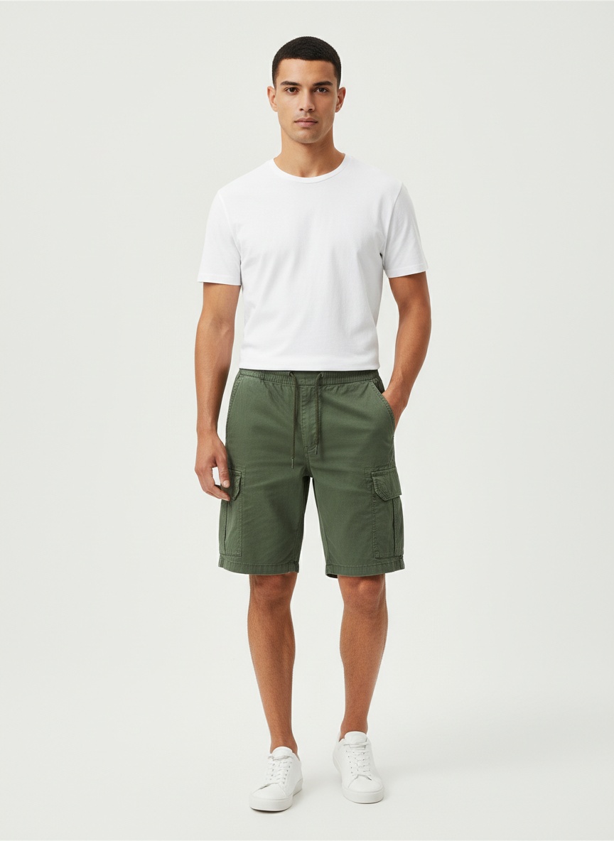 Pantalones cortos cargo elásticos vintage con múltiples bolsillos para hombre, ideales para uso informal de verano.