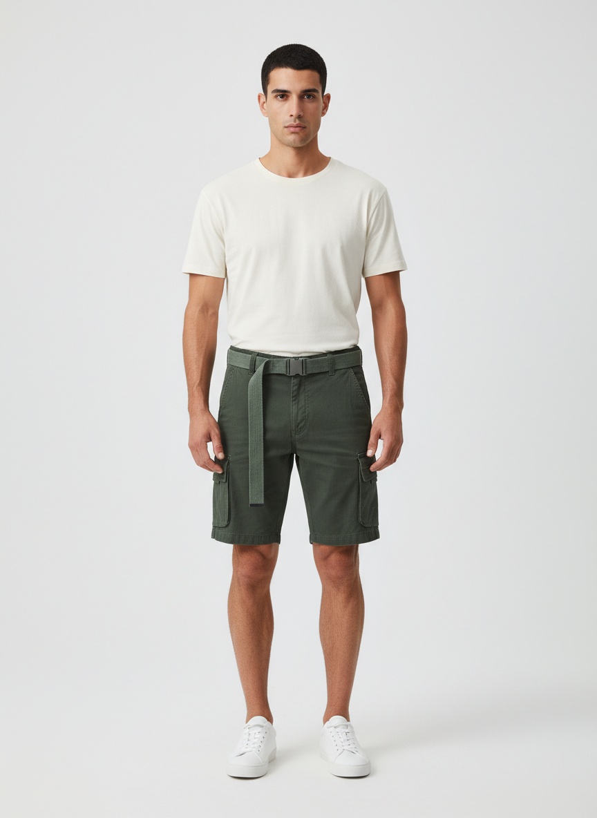 Breathable Mid-Rise Multi-Pocket Men's Shorts for Summer Casual Wear (Belt Not Included)