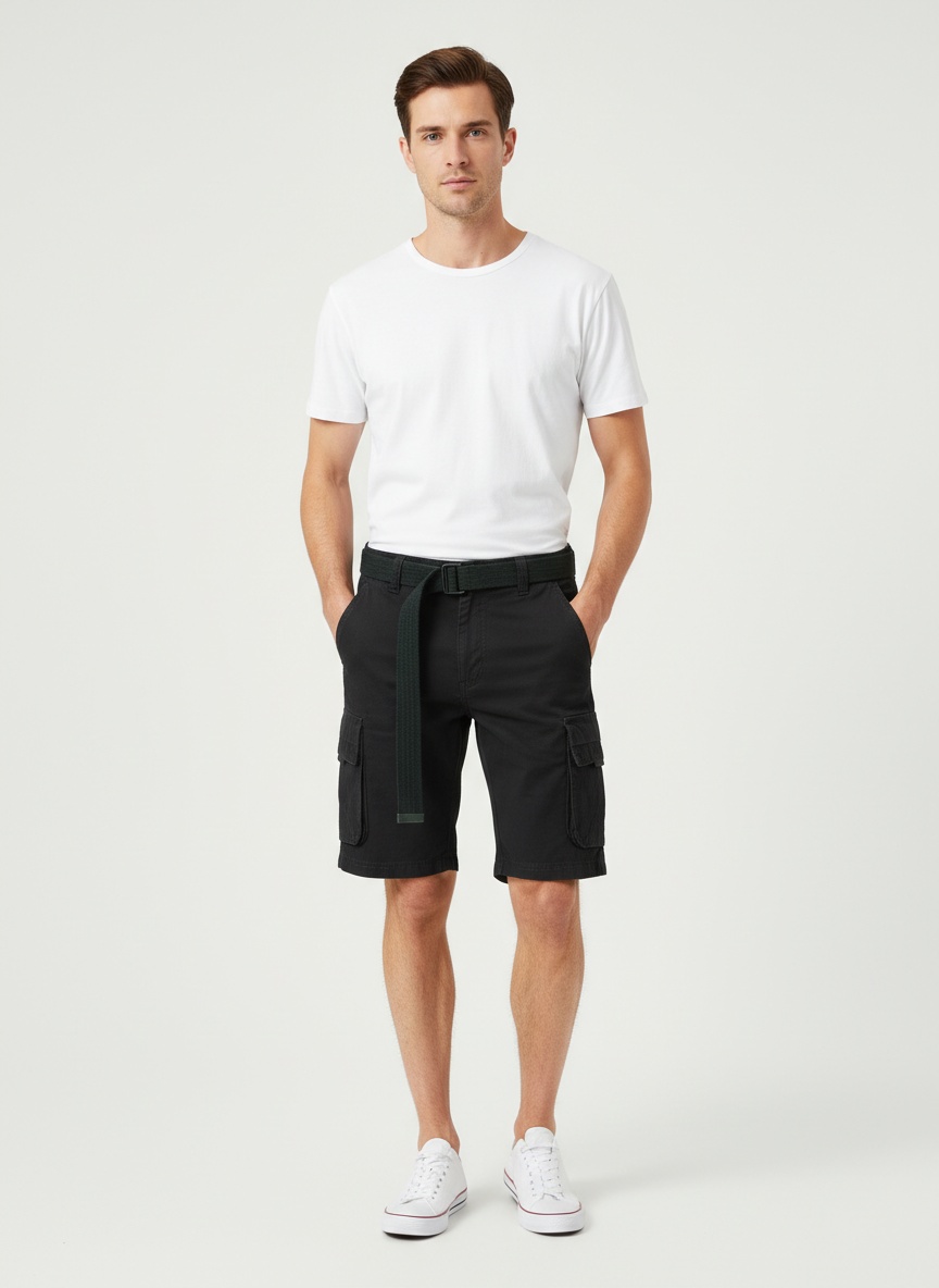 Breathable Mid-Rise Multi-Pocket Men's Shorts for Summer Casual Wear (Belt Not Included)
