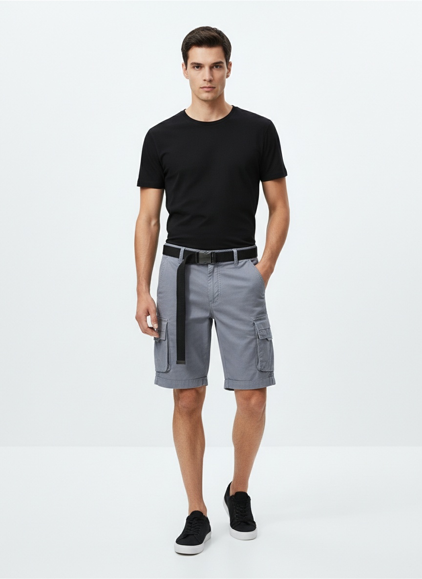 Breathable Mid-Rise Multi-Pocket Men's Shorts for Summer Casual Wear (Belt Not Included)