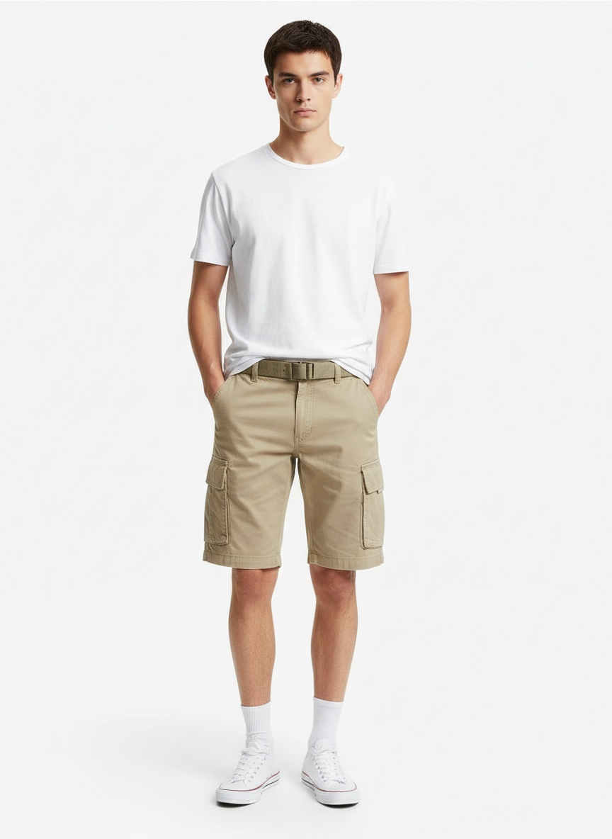 Breathable Mid-Rise Multi-Pocket Men's Shorts for Summer Casual Wear (Belt Not Included)