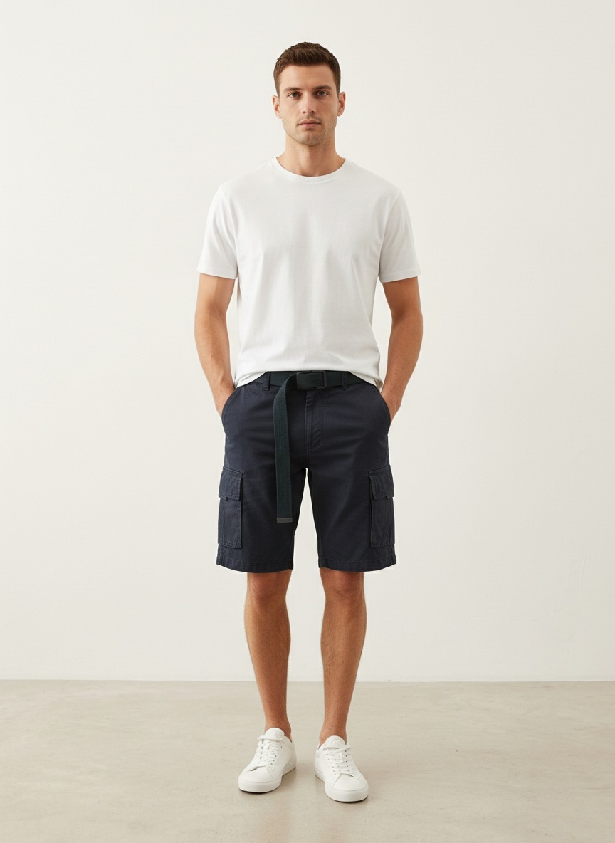Breathable Mid-Rise Multi-Pocket Men's Shorts for Summer Casual Wear (Belt Not Included)