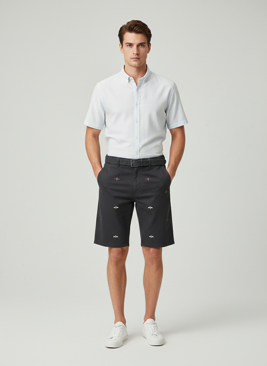 Vintage Embroidered Relaxed Fit Men's Cargo Shorts for Casual Wear (Belt Not Included)