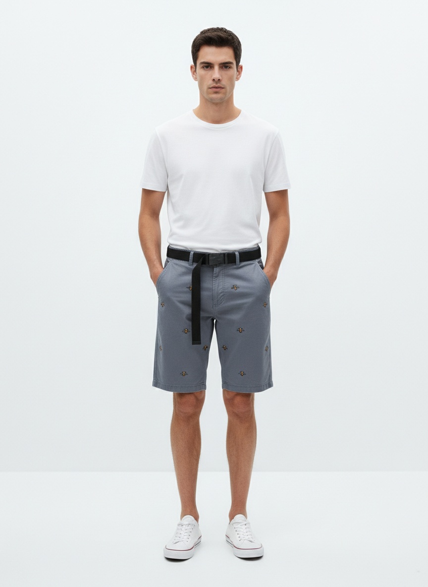 Vintage Embroidered Relaxed Fit Men's Cargo Shorts for Casual Wear (Belt Not Included)