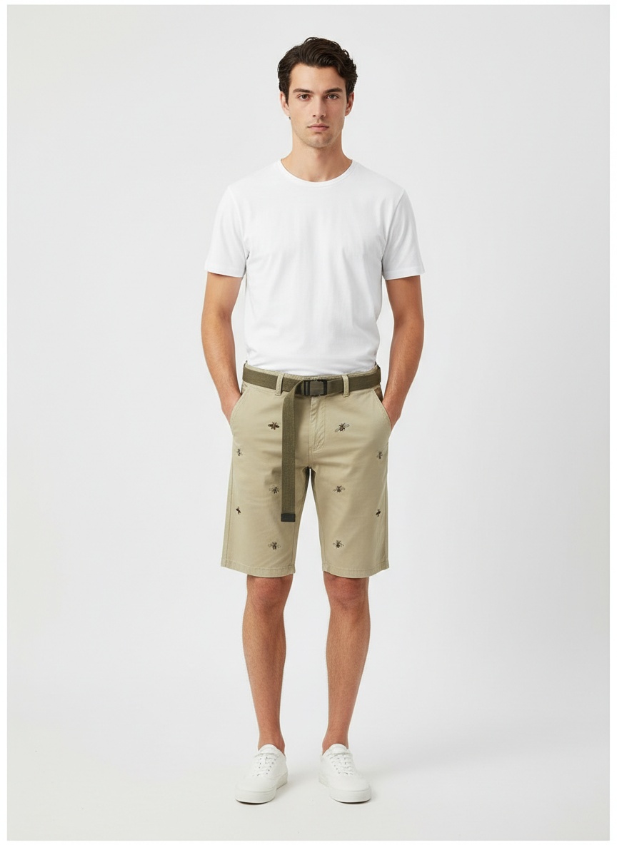 Vintage Embroidered Relaxed Fit Men's Cargo Shorts for Casual Wear (Belt Not Included)