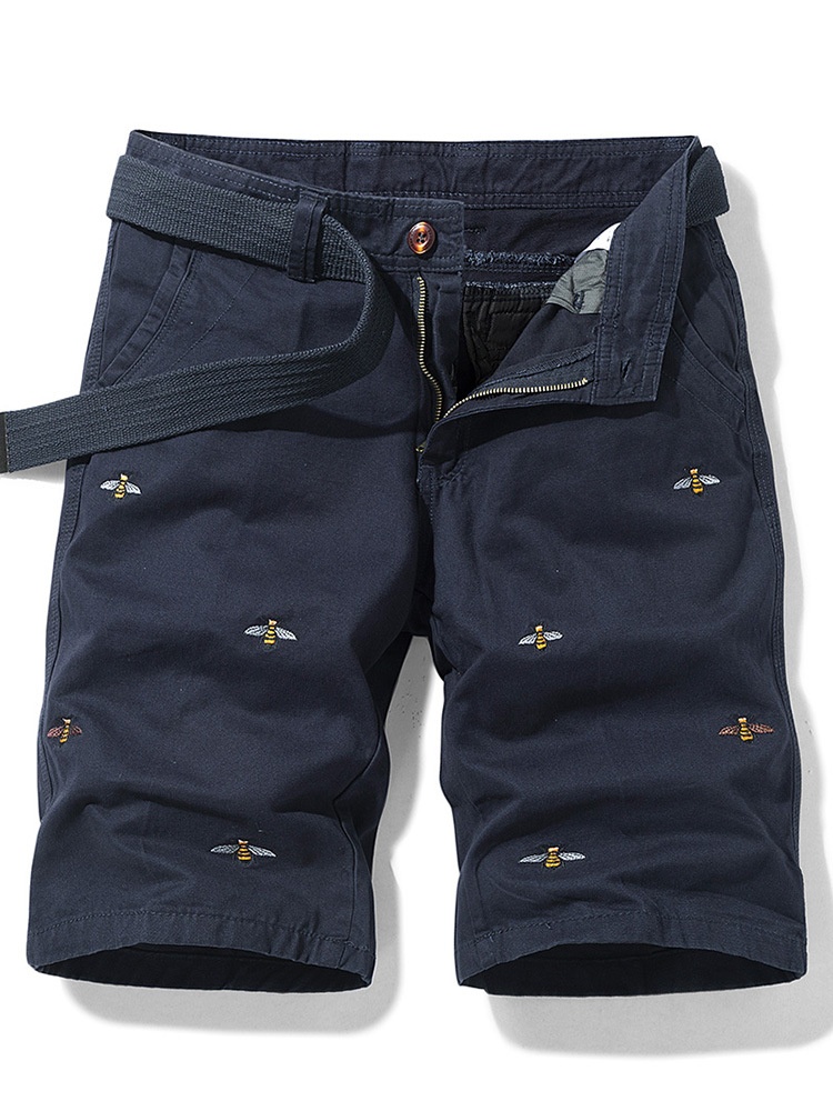 Vintage Embroidered Relaxed Fit Men's Cargo Shorts for Casual Wear (Belt Not Included)