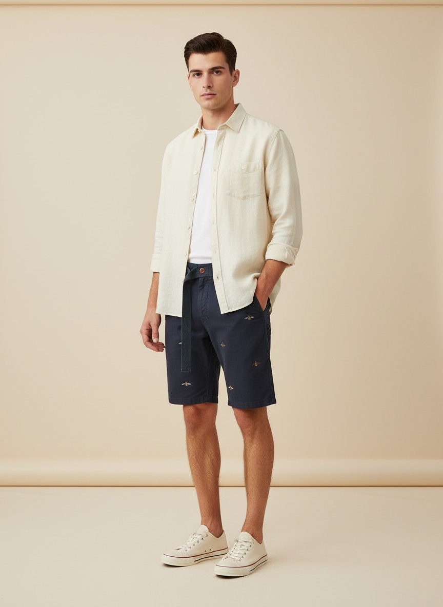 Vintage Embroidered Relaxed Fit Men's Cargo Shorts for Casual Wear (Belt Not Included)