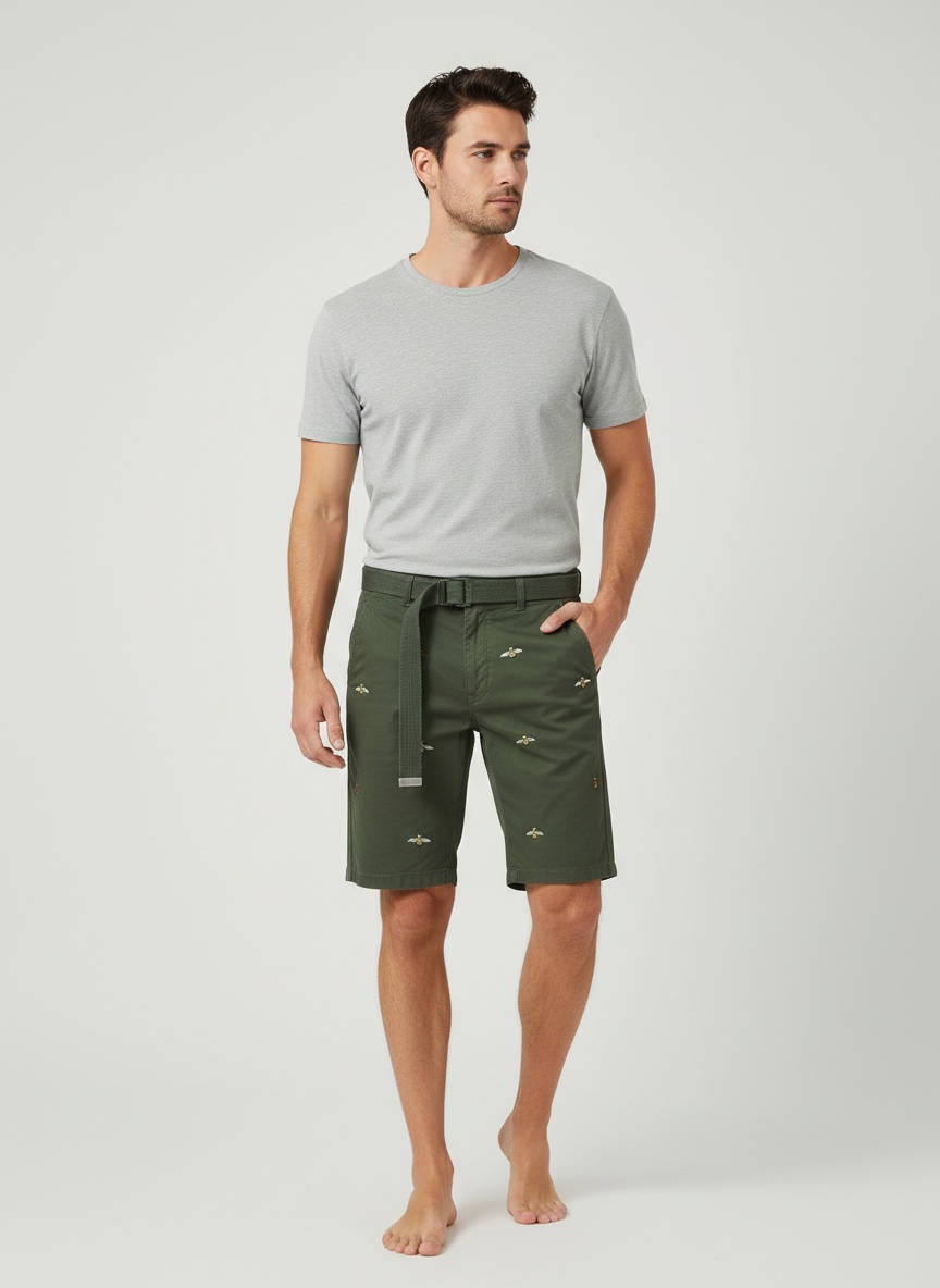 Vintage Embroidered Relaxed Fit Men's Cargo Shorts for Casual Wear (Belt Not Included)