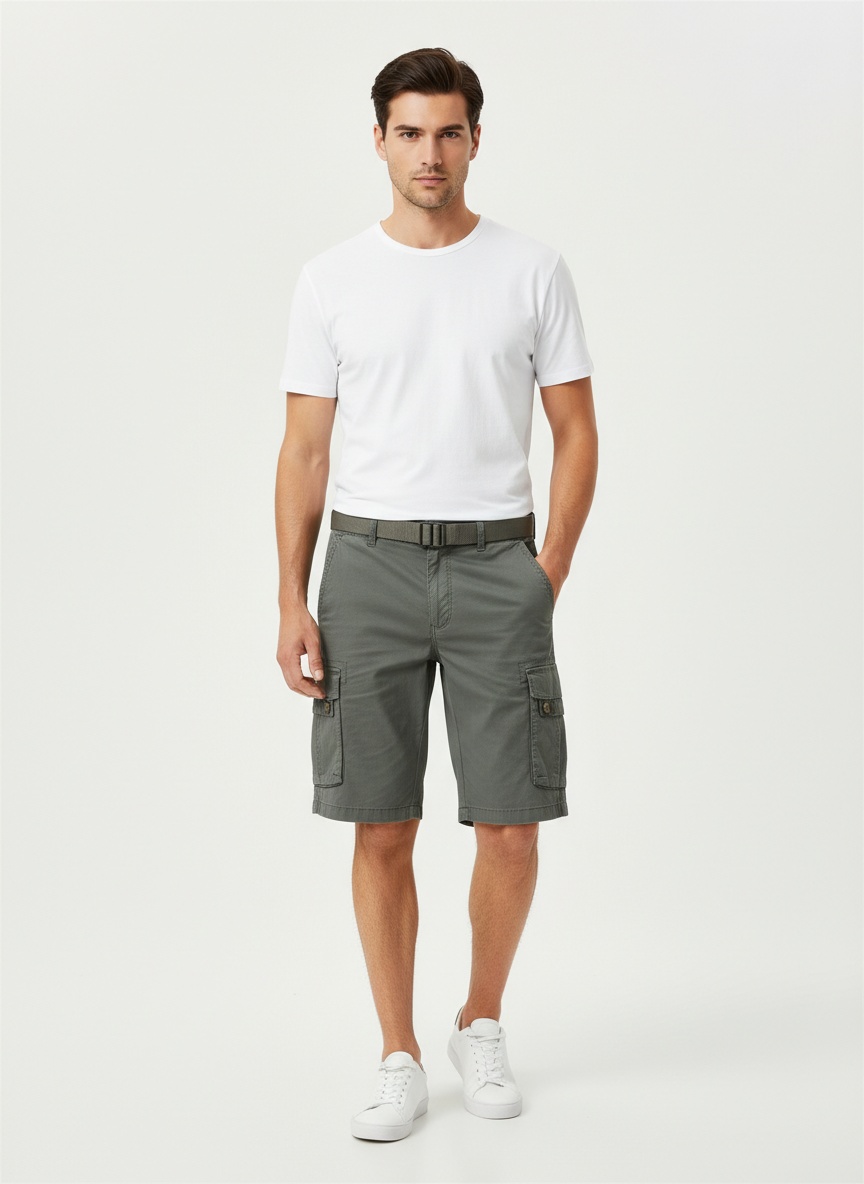 Multi-Pocket Casual Mid-Rise Men's Cargo Shorts for Summer Wear (Belt Not Included)