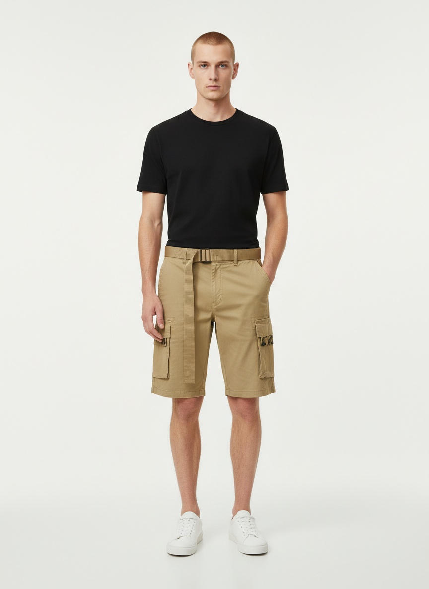 Multi-Pocket Casual Mid-Rise Men's Cargo Shorts for Summer Wear (Belt Not Included)